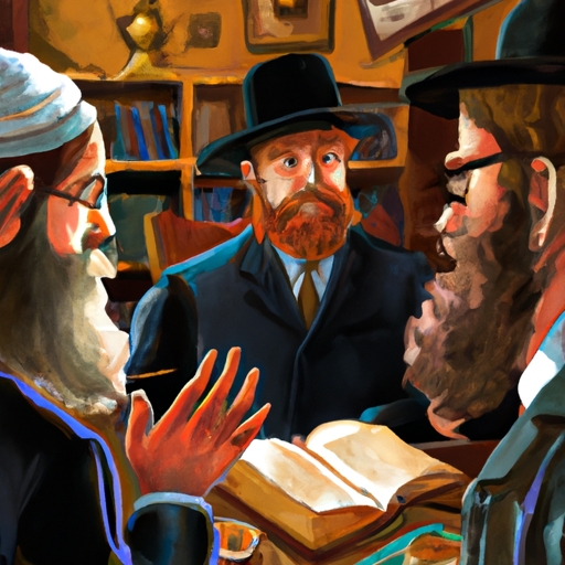 תמונה של קבוצת רבנים המתנהלת בדיון, מוקפת בספרים וחפצי דת נוספים.