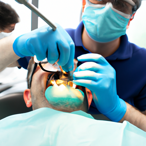 תקריב של שתל דנטלי המוחדר לעצם הלסת של מטופל. המטופל שוכב בכיסא רופא שיניים ורופא השיניים מרכיב משקפי מגן ומסיכת פנים.