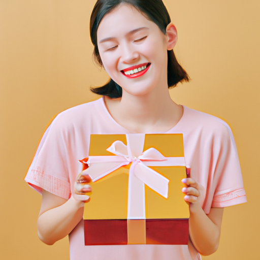 תמונה של אישה מחזיקה קופסת מתנה עם חיוך על הפנים