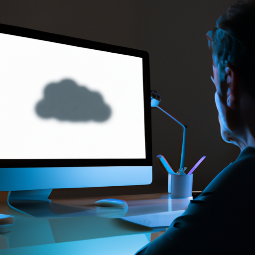 תמונה של אדם מסתכל על מסך מחשב עם סמל ענן, המייצג מחשוב ענן.