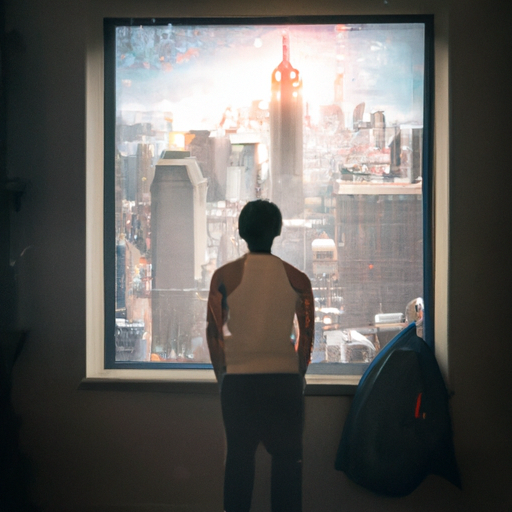 תמונה של אדם מחייך בעודו מביט מבעד לחלון על קו הרקיע של העיר.