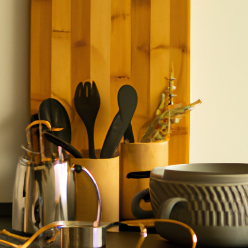 תמונה של מגוון כלים שונים המוצגים על דלפק במטבח