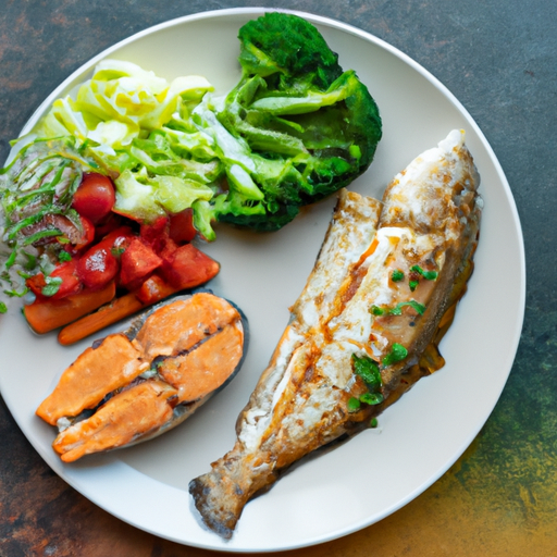 צלחת של מאכלים דלי פחמימות וידידותיים לקטו, כולל דגים בגריל, ירקות מאודים וסלט בצד.