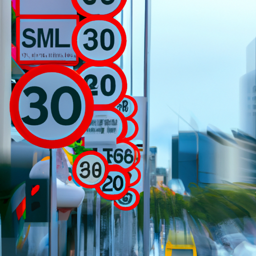 תצלום של רחוב סואן בעיר עם מספר שלטים המציינים הגבלת מהירות ואמצעי בקרת תנועה נוספים.