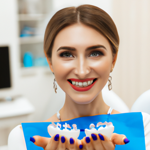 מטופל חייכן מציג את השיניים החדשות שהושתלו. השיניים שלהם נראות טבעיות ובהירות, ללא זכר לשתל. המטופל עומד במרפאת שיניים מודרנית.