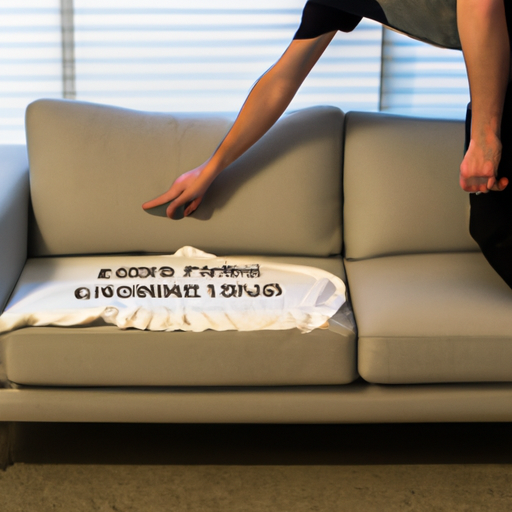 תמונה של אדם מושך כיסוי ספה מעל ספה, עם הוראות שימושיות ברקע.
