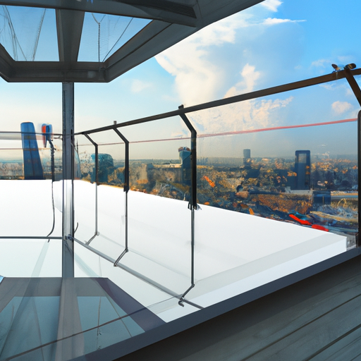 צילום של מרפסת זכוכית פתוחה, עם נוף לקו הרקיע של העיר.