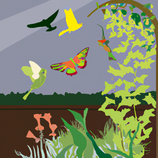 3. איור המציג ציפורים ופרפרים הנמשכים לצמחים במרפסת גן, המסמלים מגוון ביולוגי